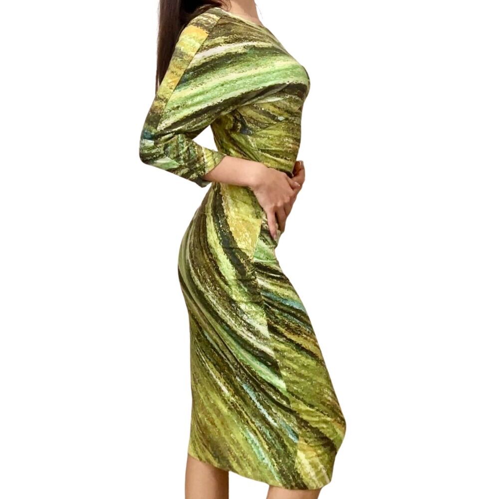 Green Abstract Bodycon Midi Dress Size 2